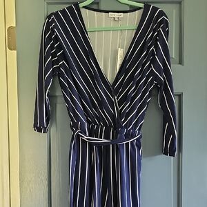NWT Thyme And Honey Navy White Striped Jumpsuit Casual Large Women Stretch